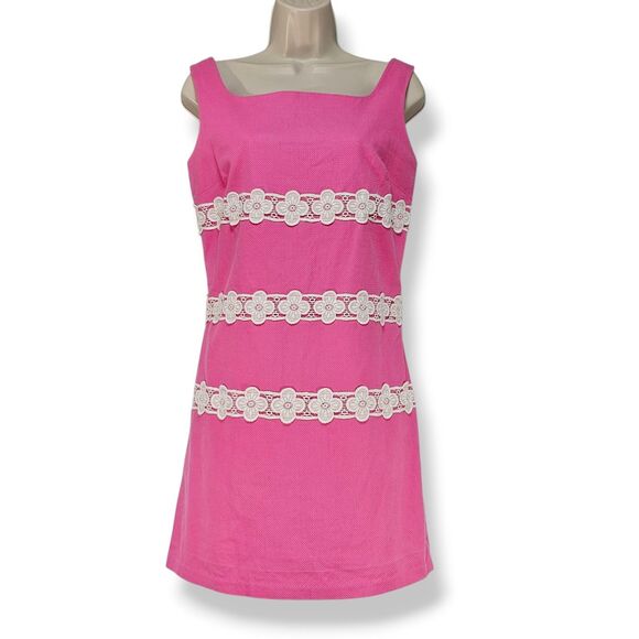Vintage Lilly Pulitzer Size 4 Pink Shift Dress Floral Lace Trim Cotton Blend - Picture 1 of 6